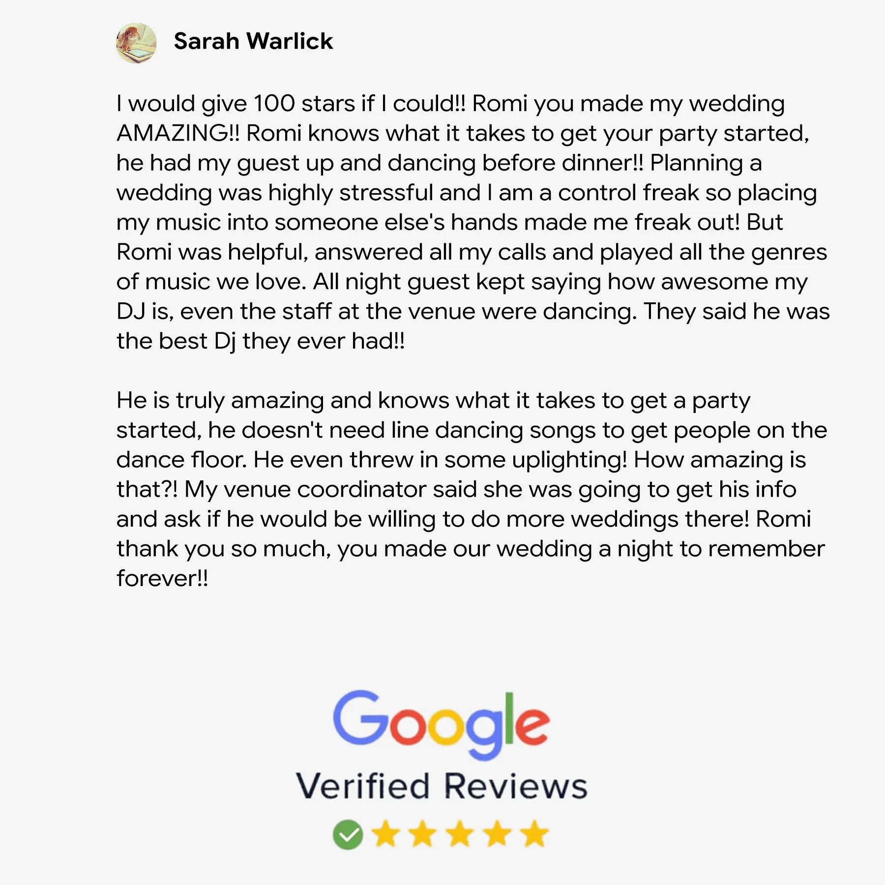 Sarah Warlick Google Review