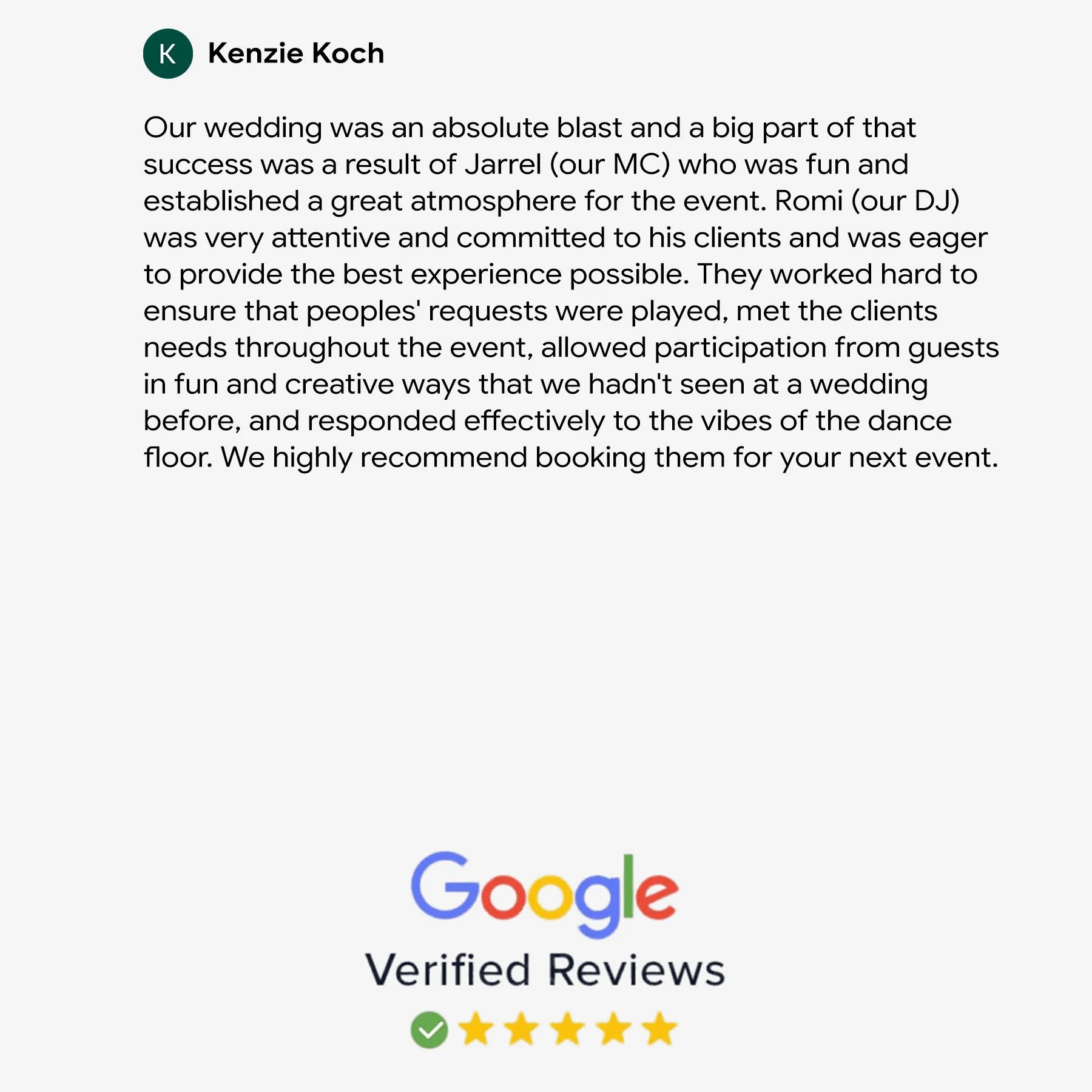 Kenzie Koch Google Review