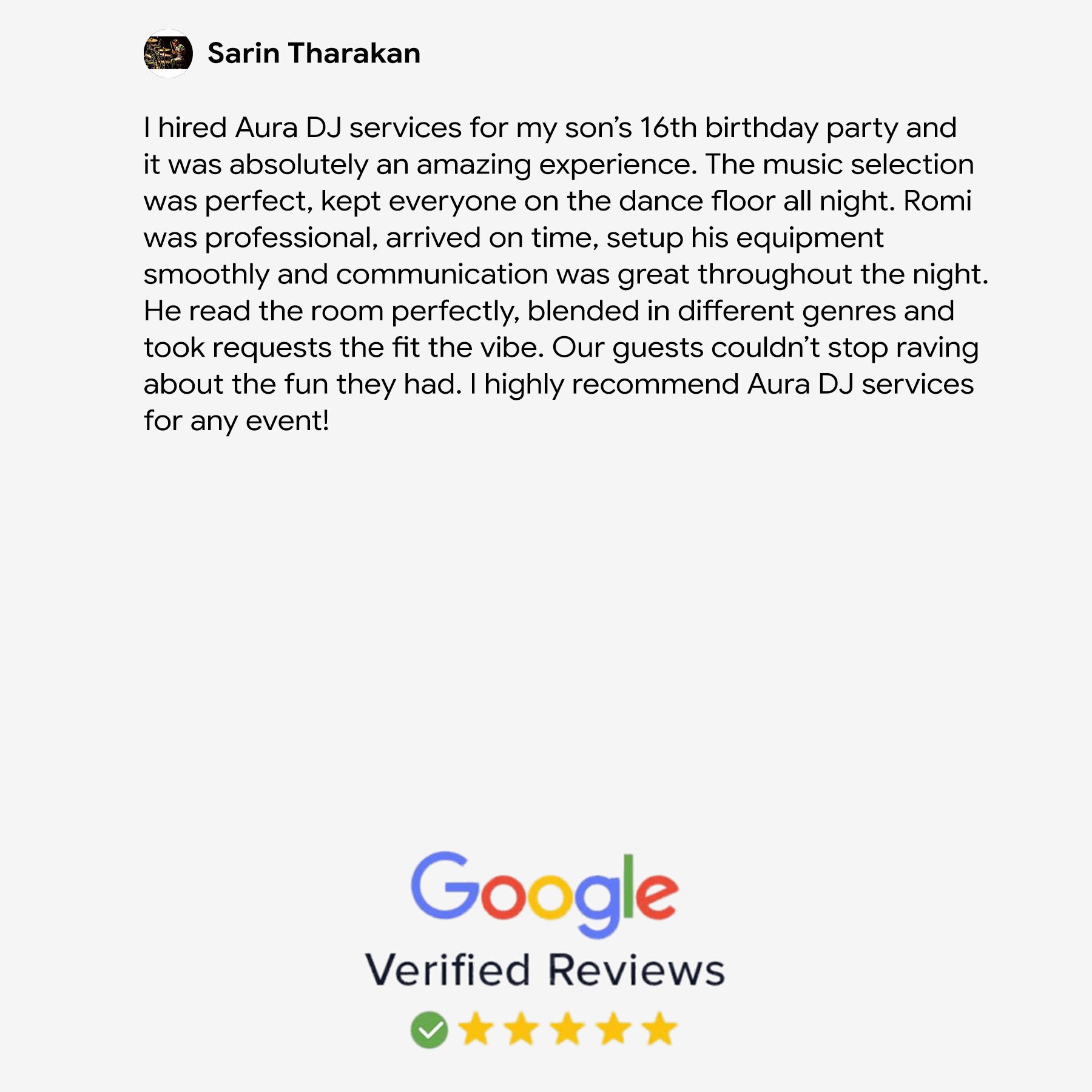 Sarin Tharakan Google Review