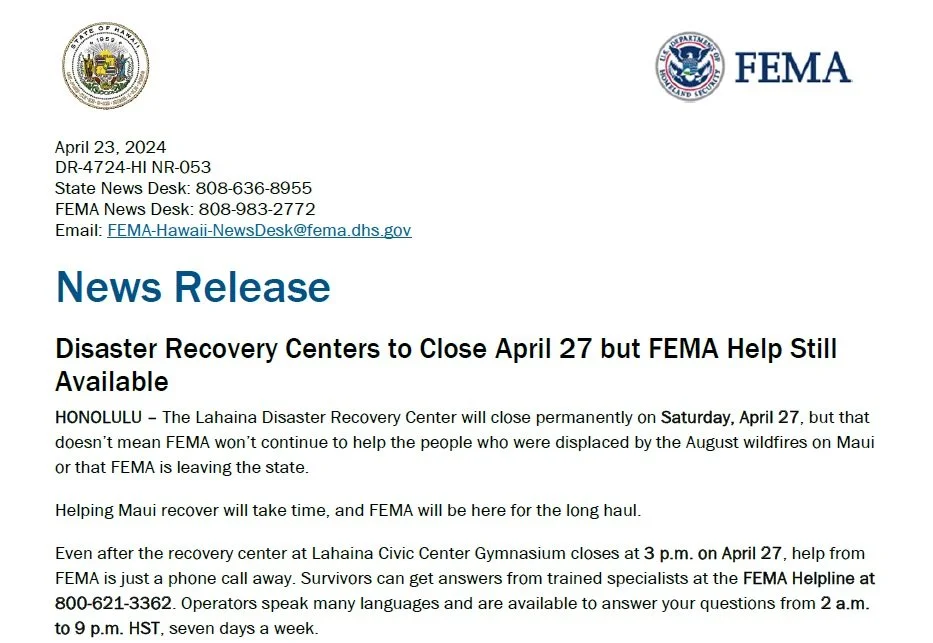 Lahaina Disaster Resource Center Closing, Saturday, April 27