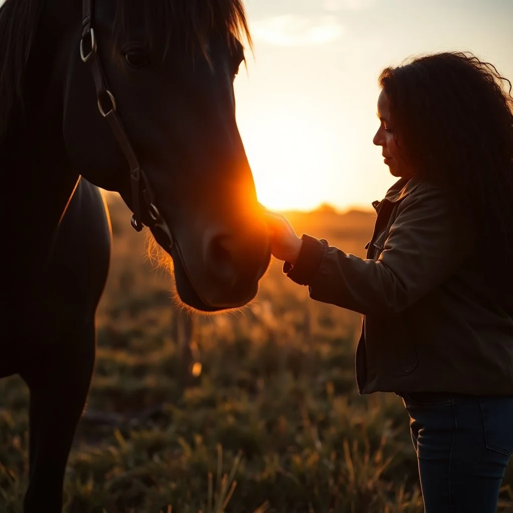 Woman connecting with a horse during a sunset wisdom workshop at Pegasus Horse Wisdom