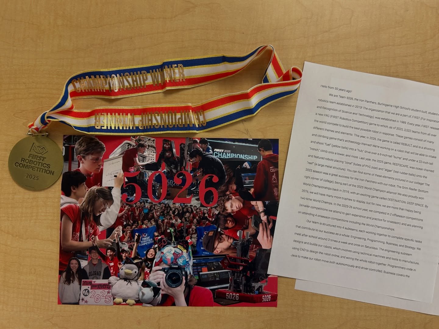 Our submission to the Burlingame Vault to the Future time capsule!

Consisting of a hand-made collage, a letter signed by all of our members, and our 2025 World Championship medal, our submission will be uncovered in 2076&mdash;50 years in the future