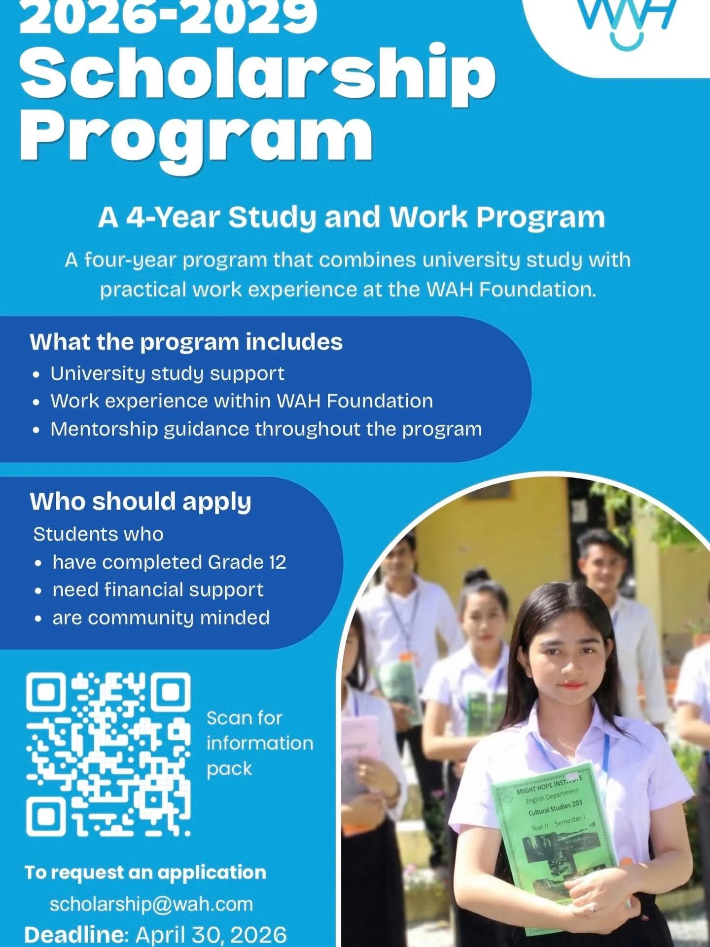 A hopeful step forward in Kampong Chhnang 🌱🙏🏽

WAH&rsquo;s new scholarship, together with Bright Hope College, is opening doors for young changemakers from rural communities - creating access to tertiary education while building real-world skills.