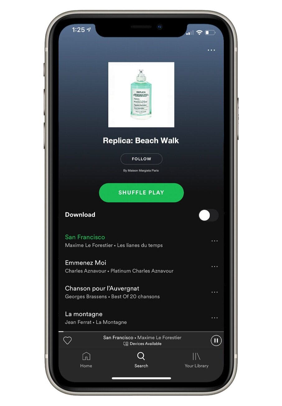 Example of Spotify playlist for Replica Beach Walk fragrance