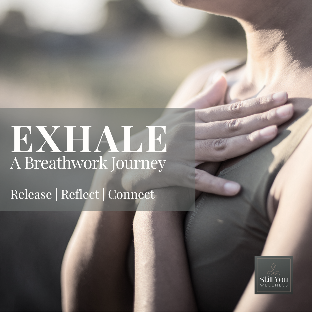 A person practicing breathwork outdoors, touching their chest with one hand, promoting relaxation and mindfulness, with overlay text about a breathwork journey.
