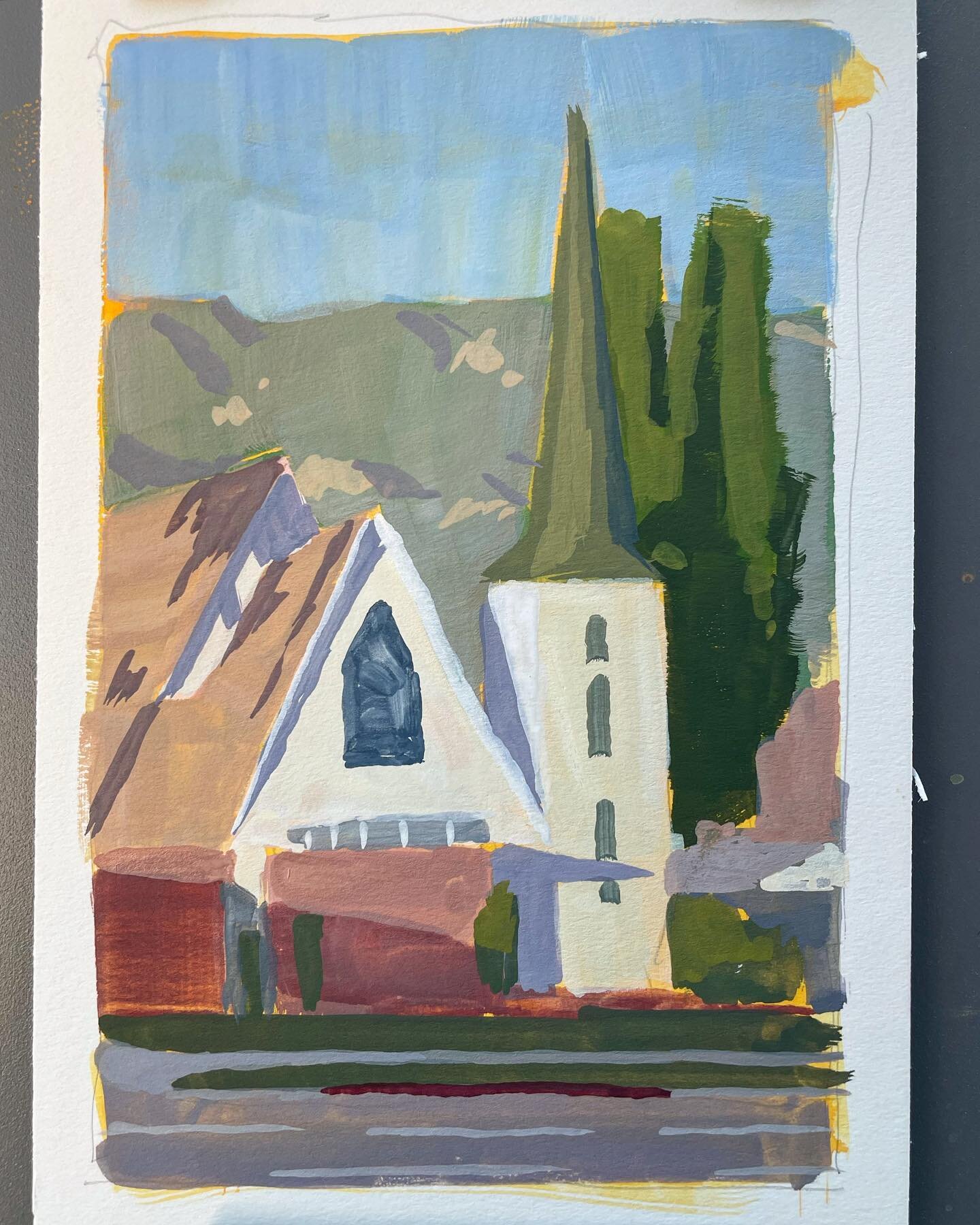 #pleinairpril Day 10. 1/3 of the way there! Nice view of the Verdugo Mts and a church at sunset. #pleinairpainting #pleinair #painting #burbank #gouache #painterofaight