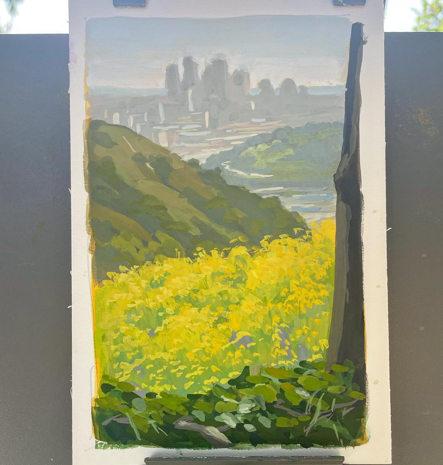 #pleinairpril Day 15 at Deb&rsquo;s Lake. Nice view of #dtla #pleinair #painting #pleinairpainting #gouache bonus pic of my wife @codeseart that would have made a good painting 🥰