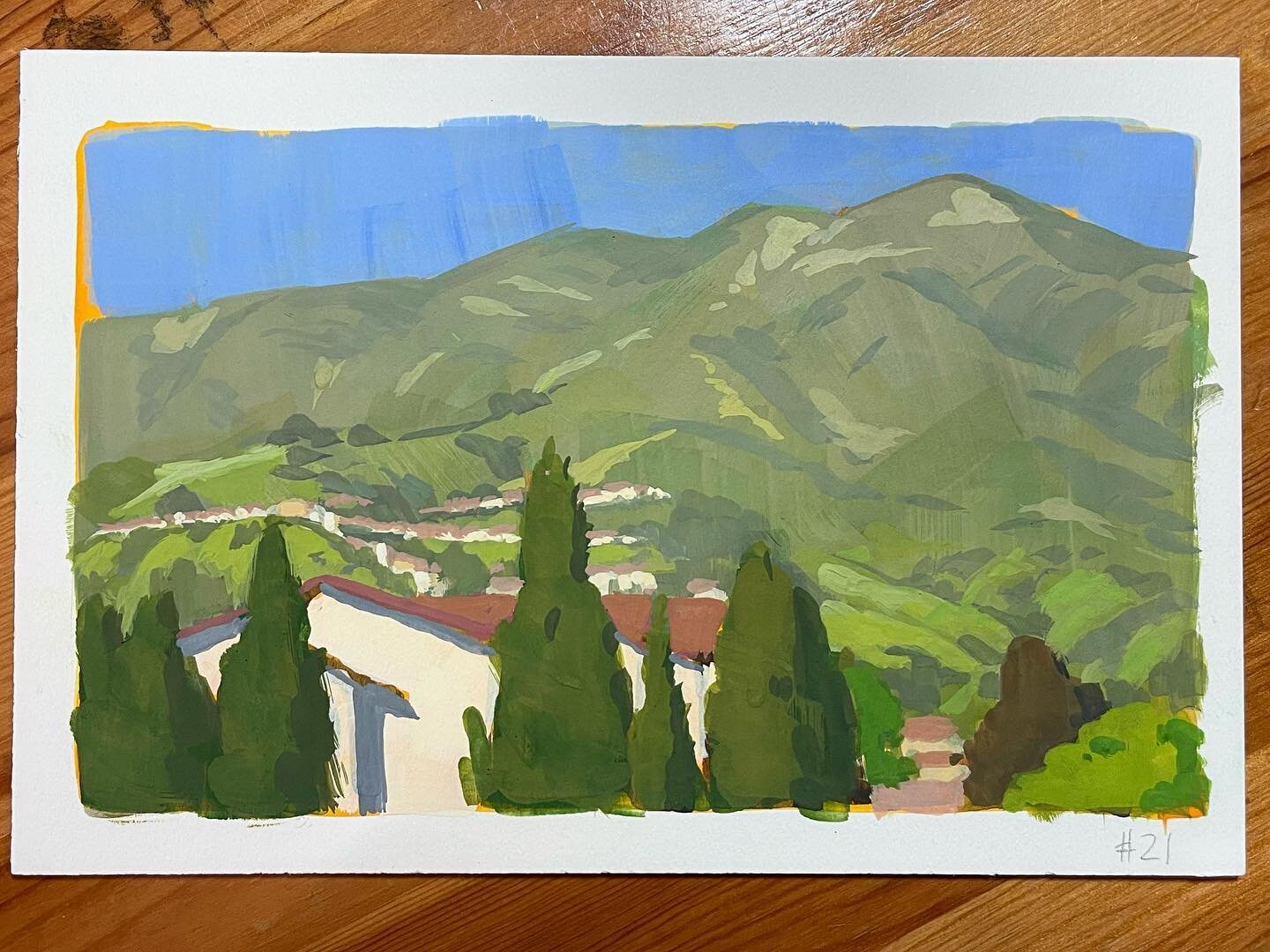 #pleinairpril day 21 Nice view of #burbank from the top of an empty parking structure. Bonus pic of my mobile setup and #strada easel, thanks to @warriorpainters #pleinair #painting #pleinairpainting #gouache #gouachepainting #painterofaight