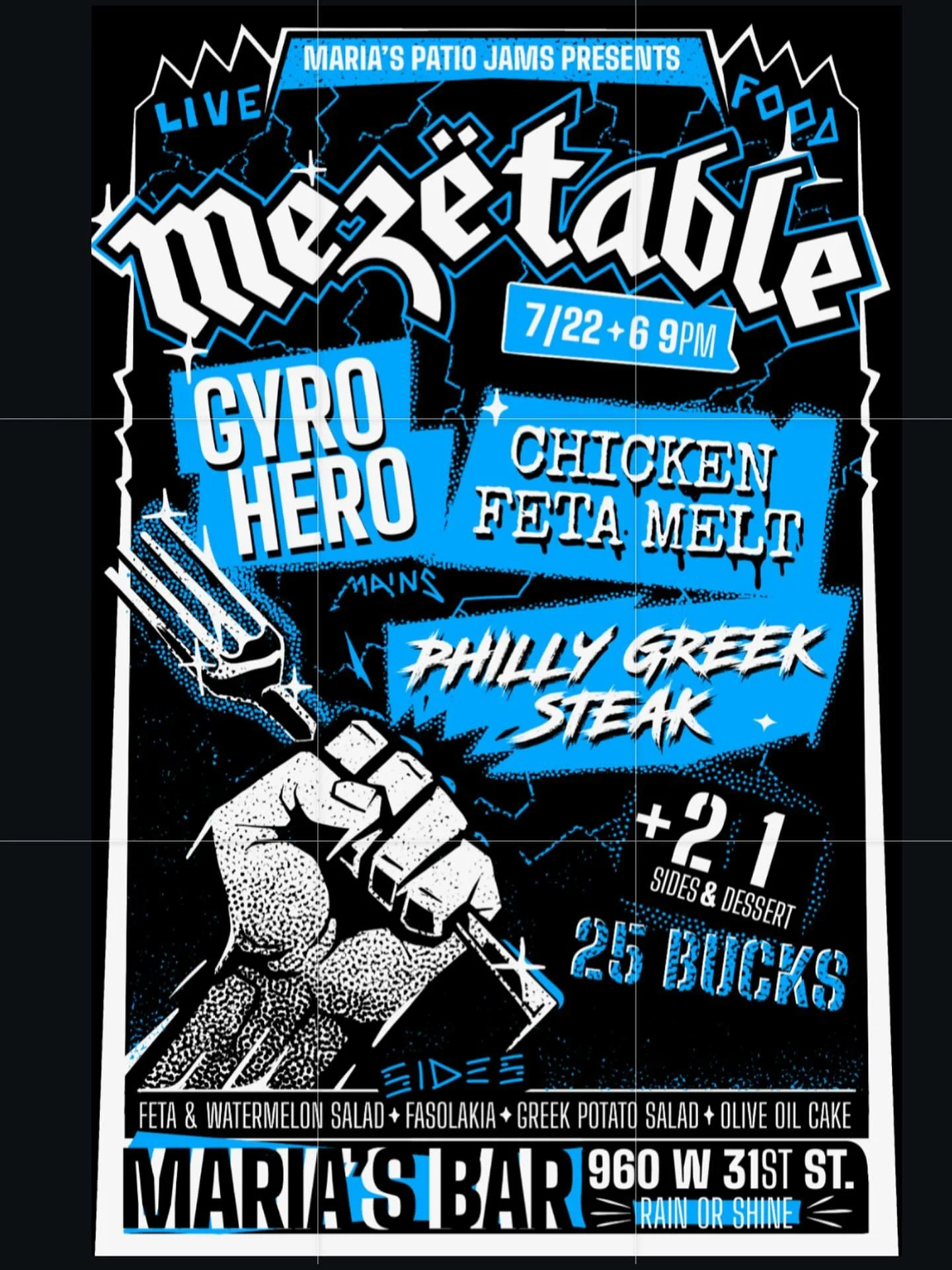 Early Warning: Meze Table Is Headlining Maria&rsquo;s Patio Jam On Tuesday, July 22nd, From 6-9pm. 
We Are Grilling Up Greek Takes On American Classics, &amp; @mariasbar Has All The Cool Kid Drinks.
Come Grab A Sandwich, Two Sides &amp; Dessert On Th