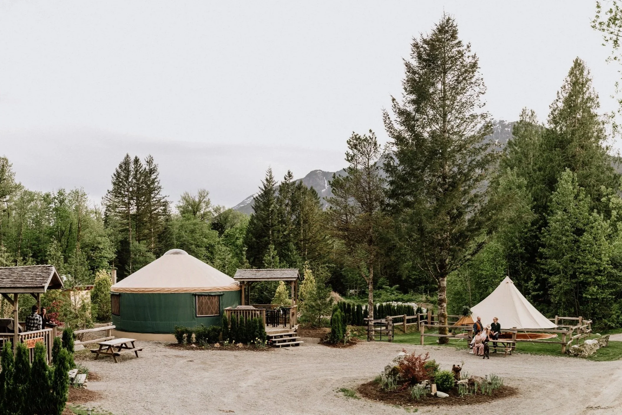  A beautifully unique setting with a yurt, a forest behind them and some mountains in the background. 