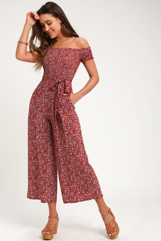 Red floral print jumpsuit