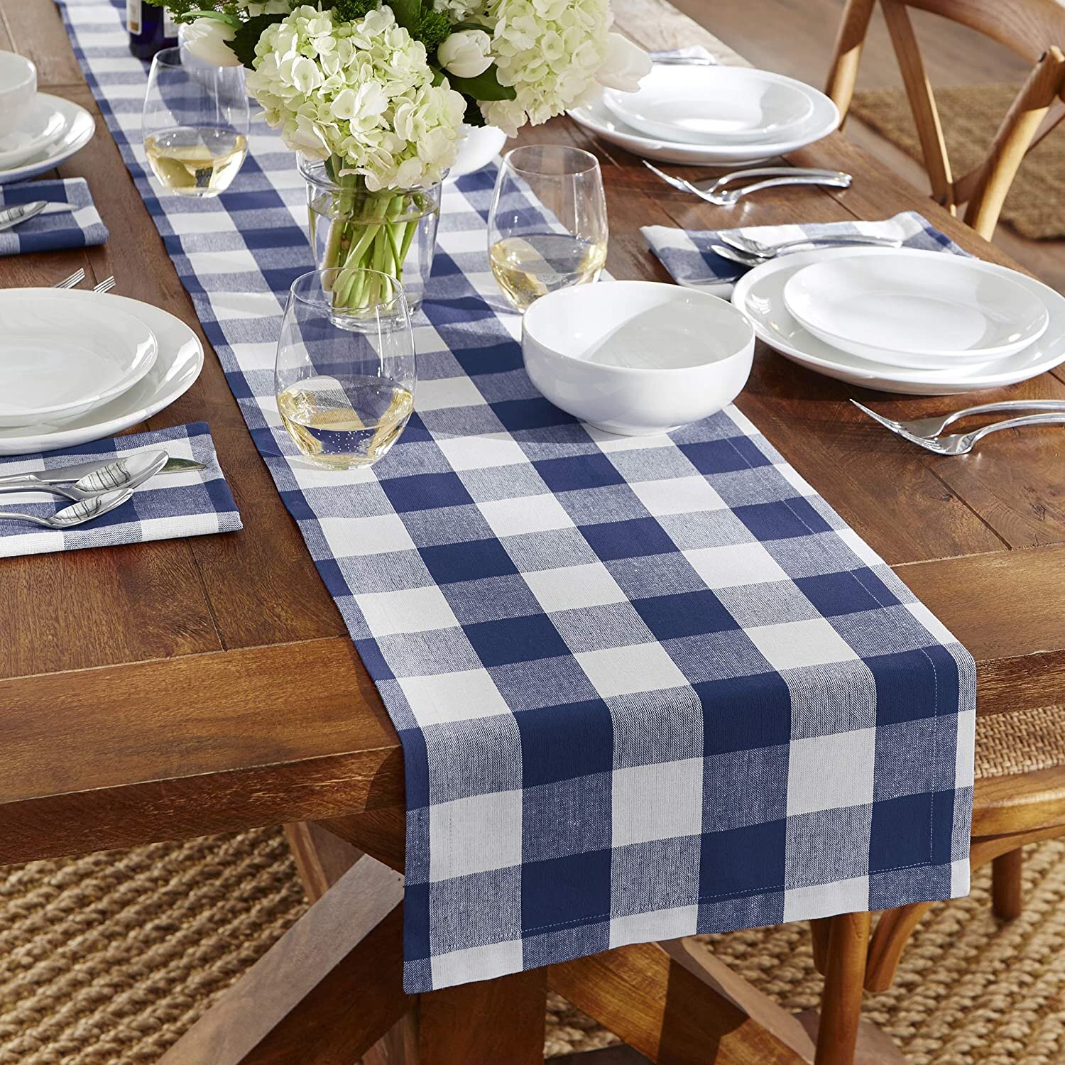 buffalo check blue and white table runner