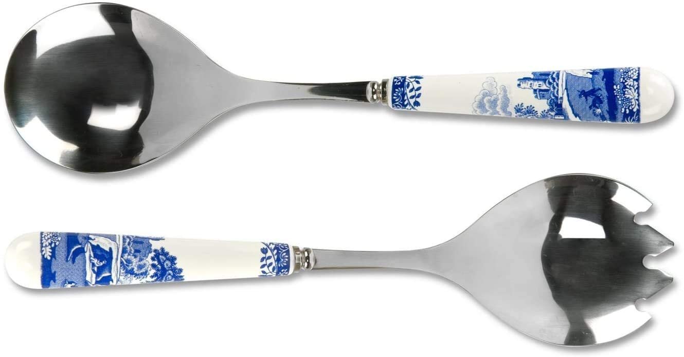 blue and white salad servers 