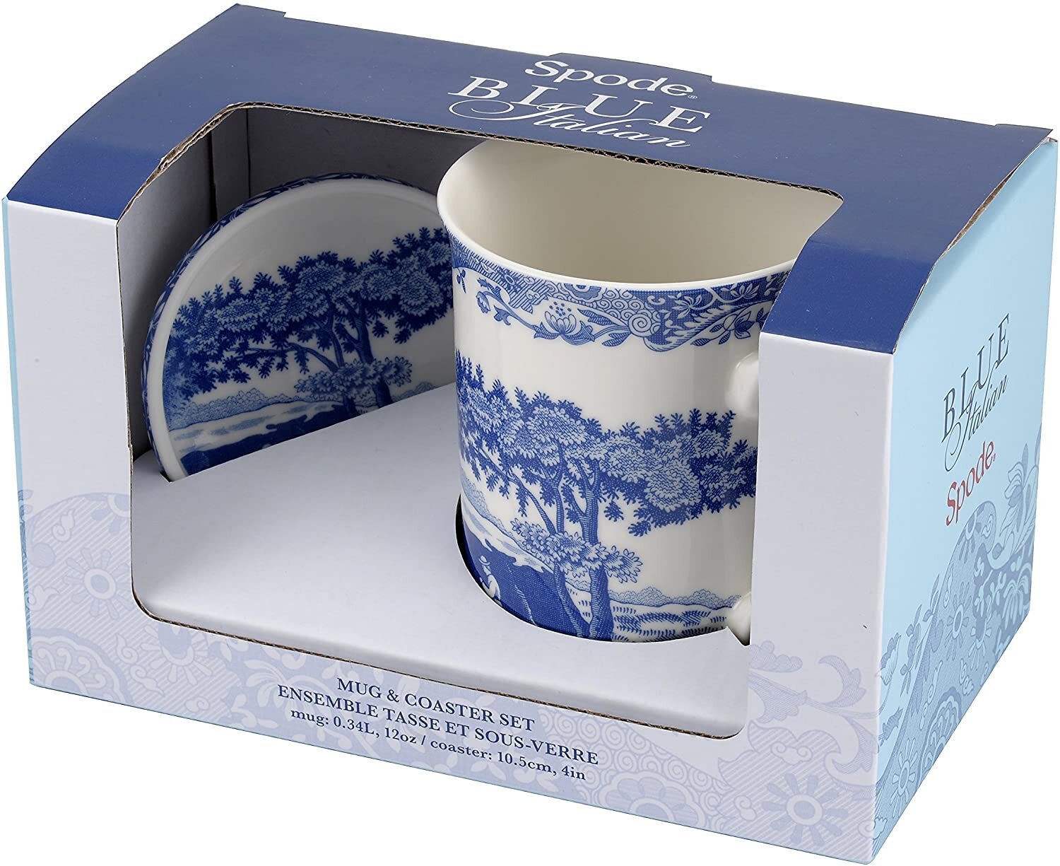 blue and white mug and coaster