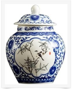 fanquare Classic Blue and White Pocerlain Jar Vase, Green Bamboo Pattern, Handmade