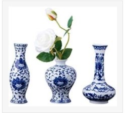 Set of 3 Small Blue &amp; White Porcelain Vases, Fambe Glaze Porcelain Vases
