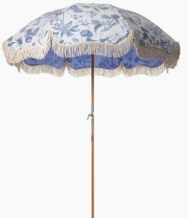 blue and white beach umbrella. chinoiserie beach umbrella
