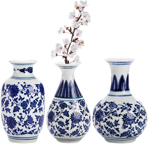  Small Blue &amp; White Porcelain Vases Set of 3