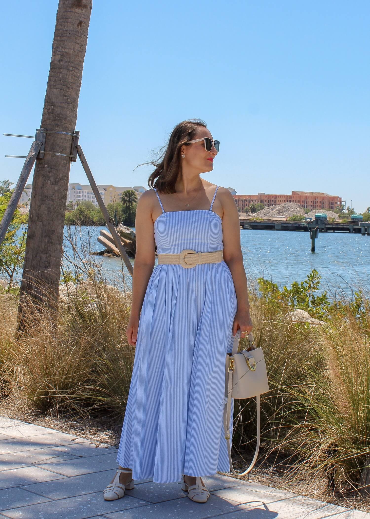 Target Belted Midi Bandeau Dress | Blooming Magnolias Blog | Fashion, style, pleated dress, striped dress, dress with pockets