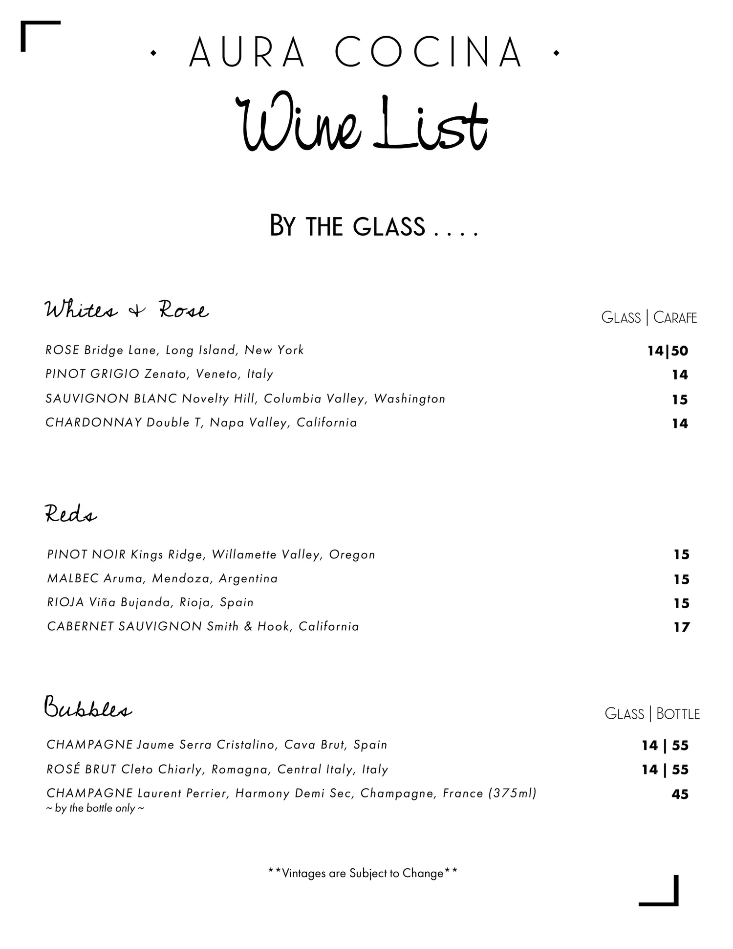 Dinner Menu — Aura Cocina