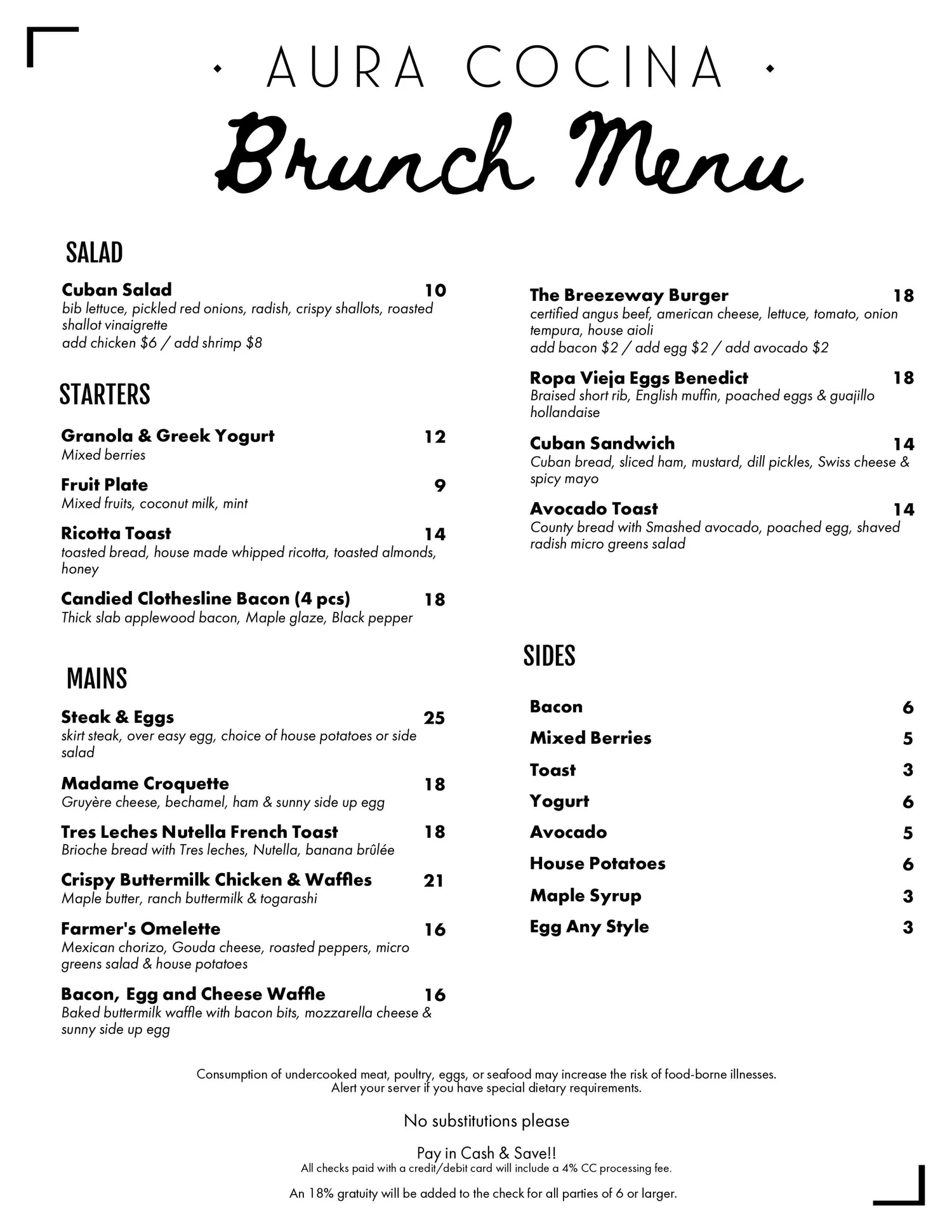 Brunch Menu — Aura Cocina
