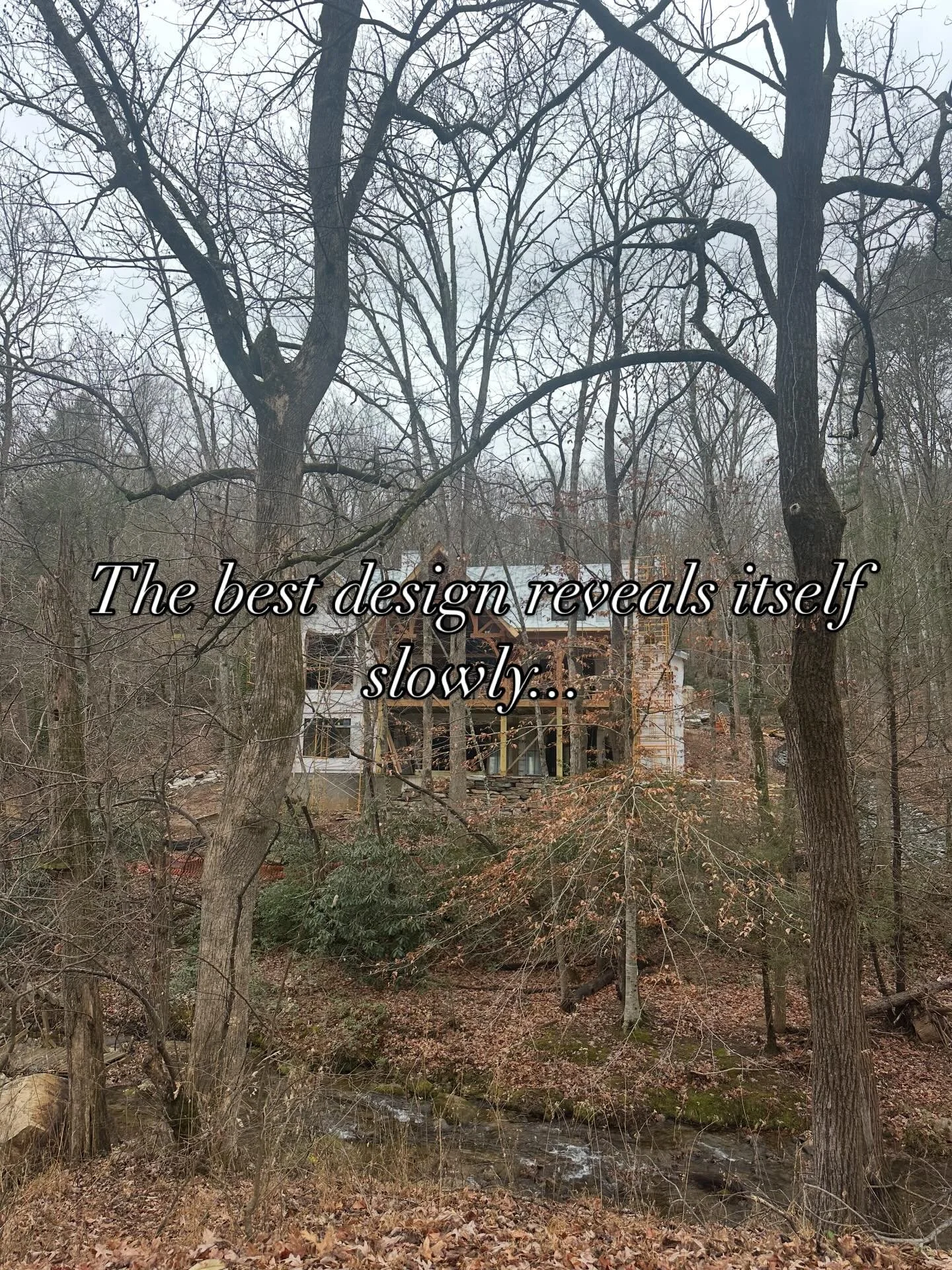 Chimney cap on..siding going up ..walkthrough complete ..next week off to find some splayed live edge pieces for the bar. Springtime will reveal this beautiful creek..#timberframe @augustinteriors