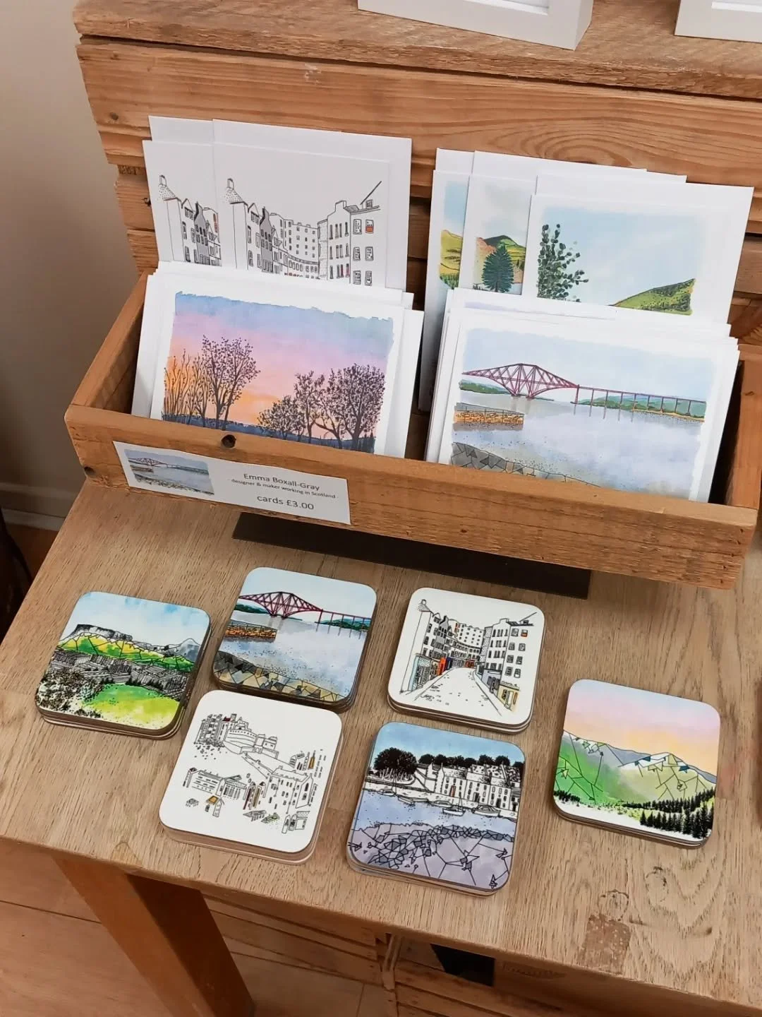 @honeypotcreativecafe 
A few weeks back, I dropped into the Honey Pot to top up my stock. 
I've added some new cards, 2 extra coasters and some of my new prints. The Pentlands and a new one of the view along the road at Port Edgar.
Super mix of gift
