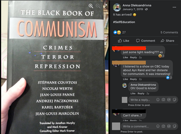 Part of Oleksandrivna’s “#SelfEducation,”  The Black Book of Communism  is a debunked right-wing text that  according to The Grayzone  “has been widely criticized for trivializing the Holocaust, sympathizing with Nazi collaborators and enabling neo-fascist political forces to rewrite history.”