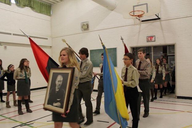 Canadian members of CYM honoring OUN-B leader Yaroslav Stetsko (d.1986)--a longtime deputy to Stepan Bandera, also a fascist ideologue, Nazi collaborator, vicious antisemite, and war criminal.