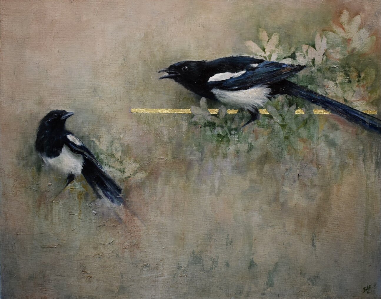 Magpies on the Ash Tree(On Gold)