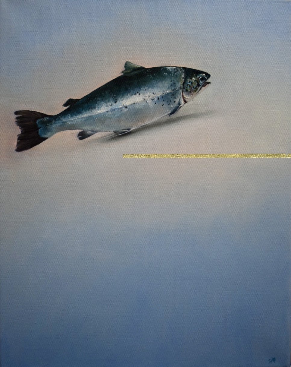 Upstream, Salmon on Gold 35cm x45cm