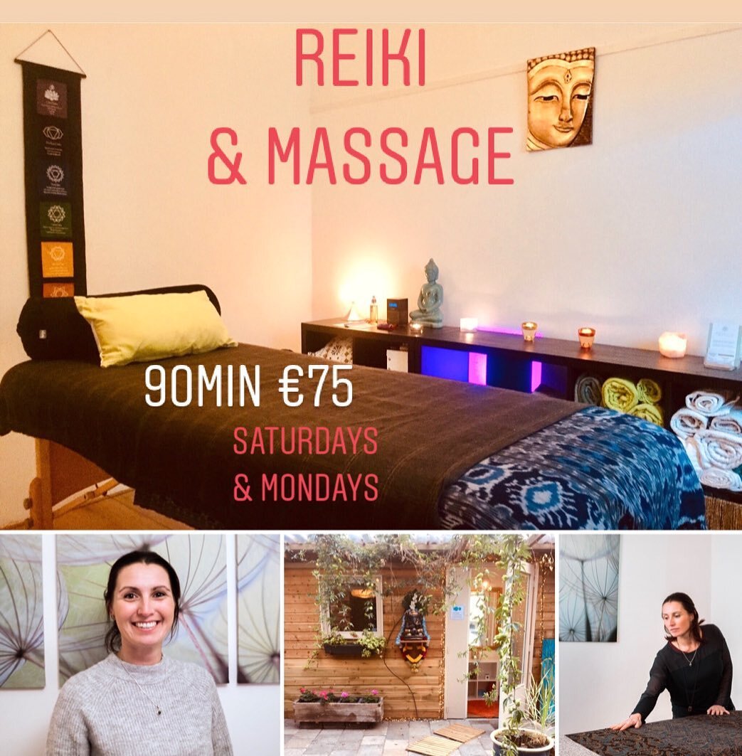 Reiki &amp; Massage - A deep relaxation combination to uplift your energy - &euro;75 for 90min Massage therapy combined with ancient Healing. 
Reset to Reconnect. This includes:
* Intake &amp; Guidance
* Meditation * REIKI (body healing treatment) * 