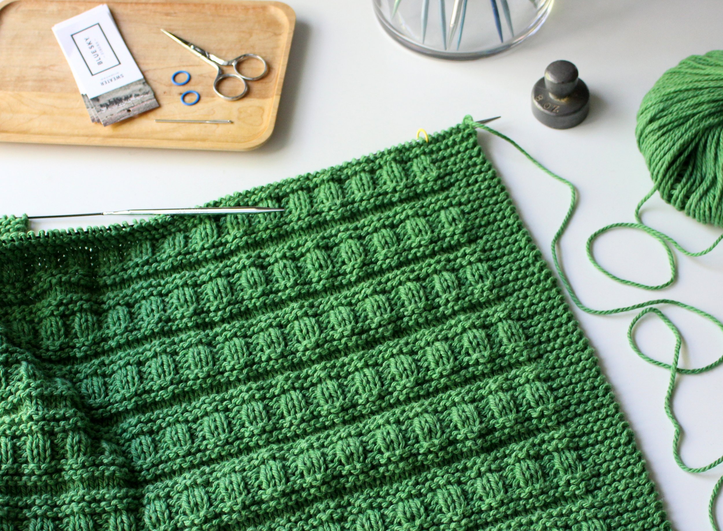 On the Bright Side Blanket WIP Blue Sky Fibers Sweater Turtle worsted aran green yarn MAY 2023.JPG