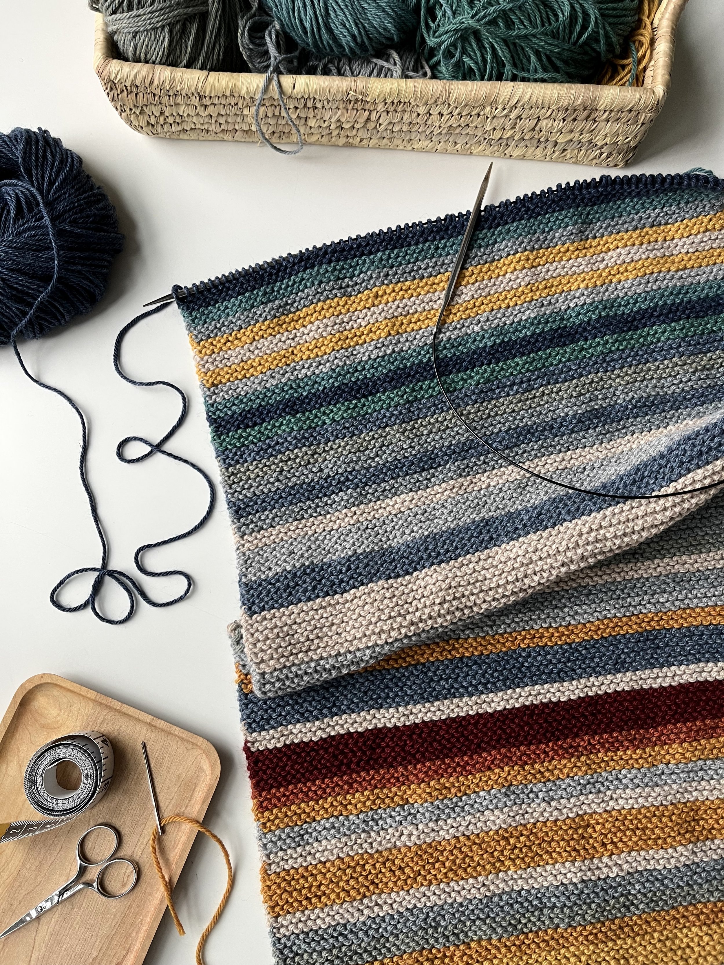 My Temperature Blanket Knitting Project 2022 Panel 3 Worsted Yarn Berroco Vintage Stripes Garter Stitch Fifty Four Ten Studio 3 11 2023.jpg