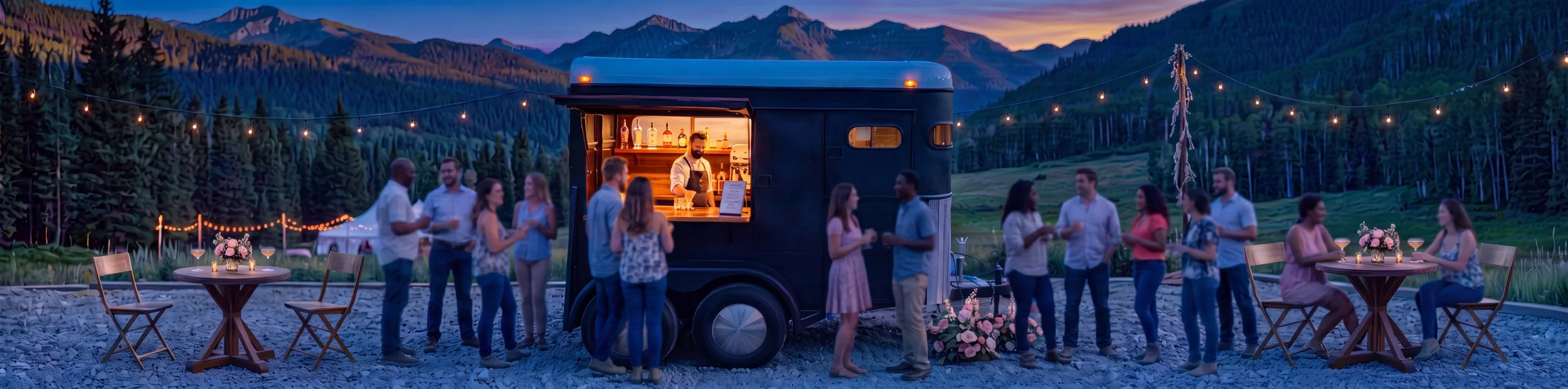 People gathered around a black food truck at an outdoor evening event in a mountainous area, with string lights overhead and trees in the background.