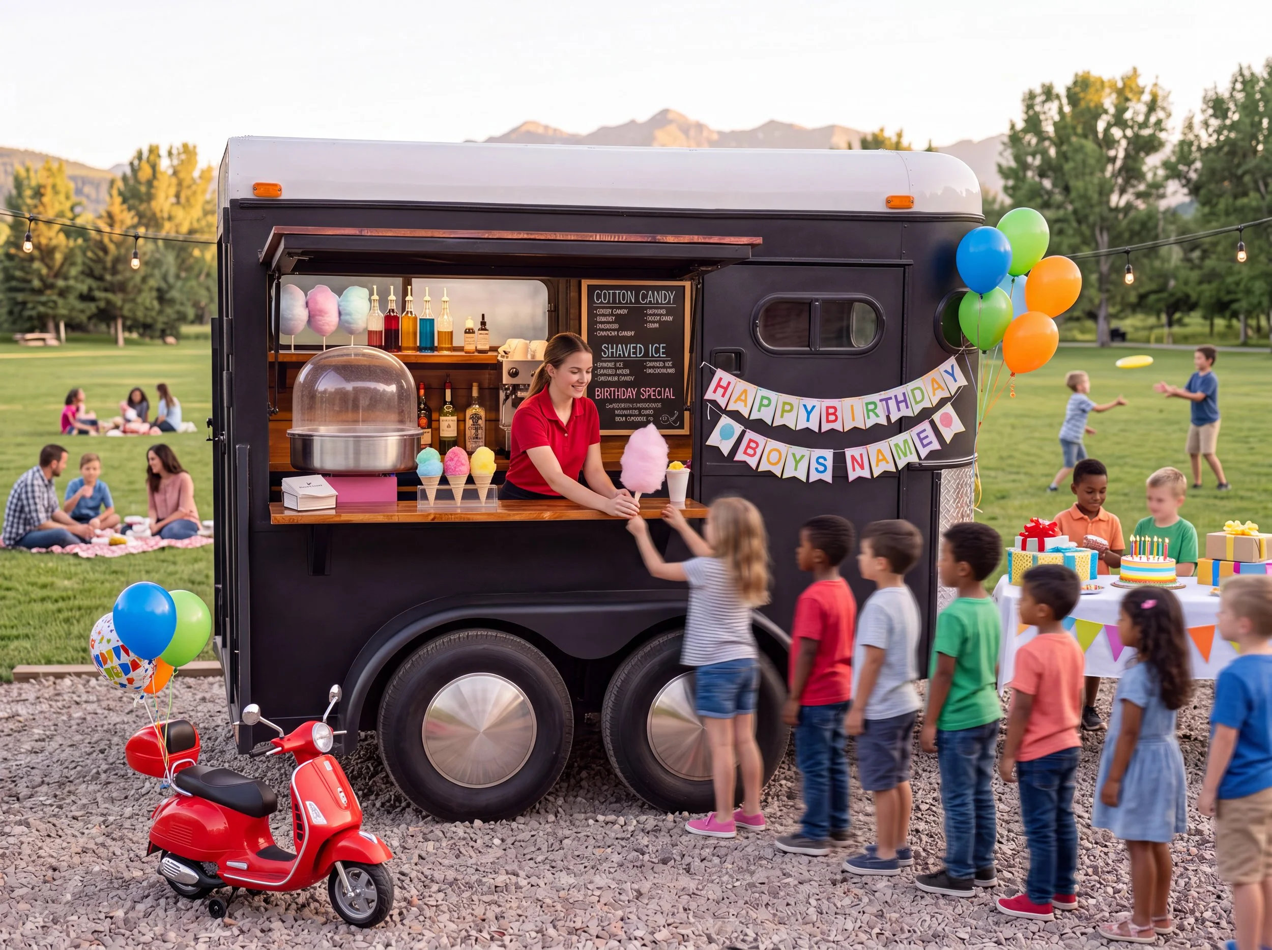 A food truck decorated for a birthday party with balloons, a banner that says "HAPPY BIRTHDAY BOY'S NAME," and cotton candy on display. Children are gathered around, and some are reaching out to the food truck.