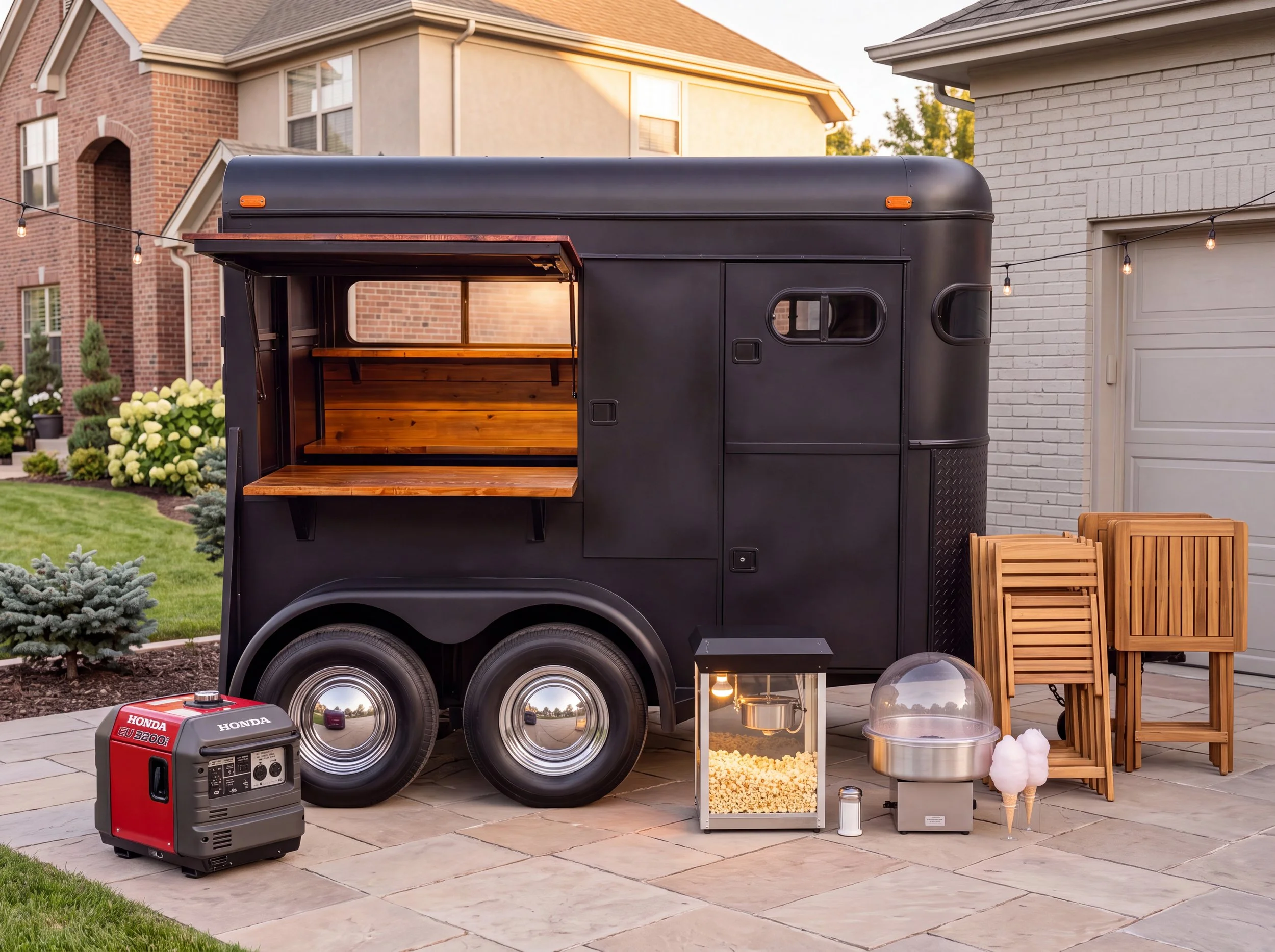 A mobile food trailer park set up in a backyard with cooking and serving supplies, including a generator, a heating lamp, a storage container with popcorn, a metal serving station, and seating, with a brick house and manicured garden in the background.