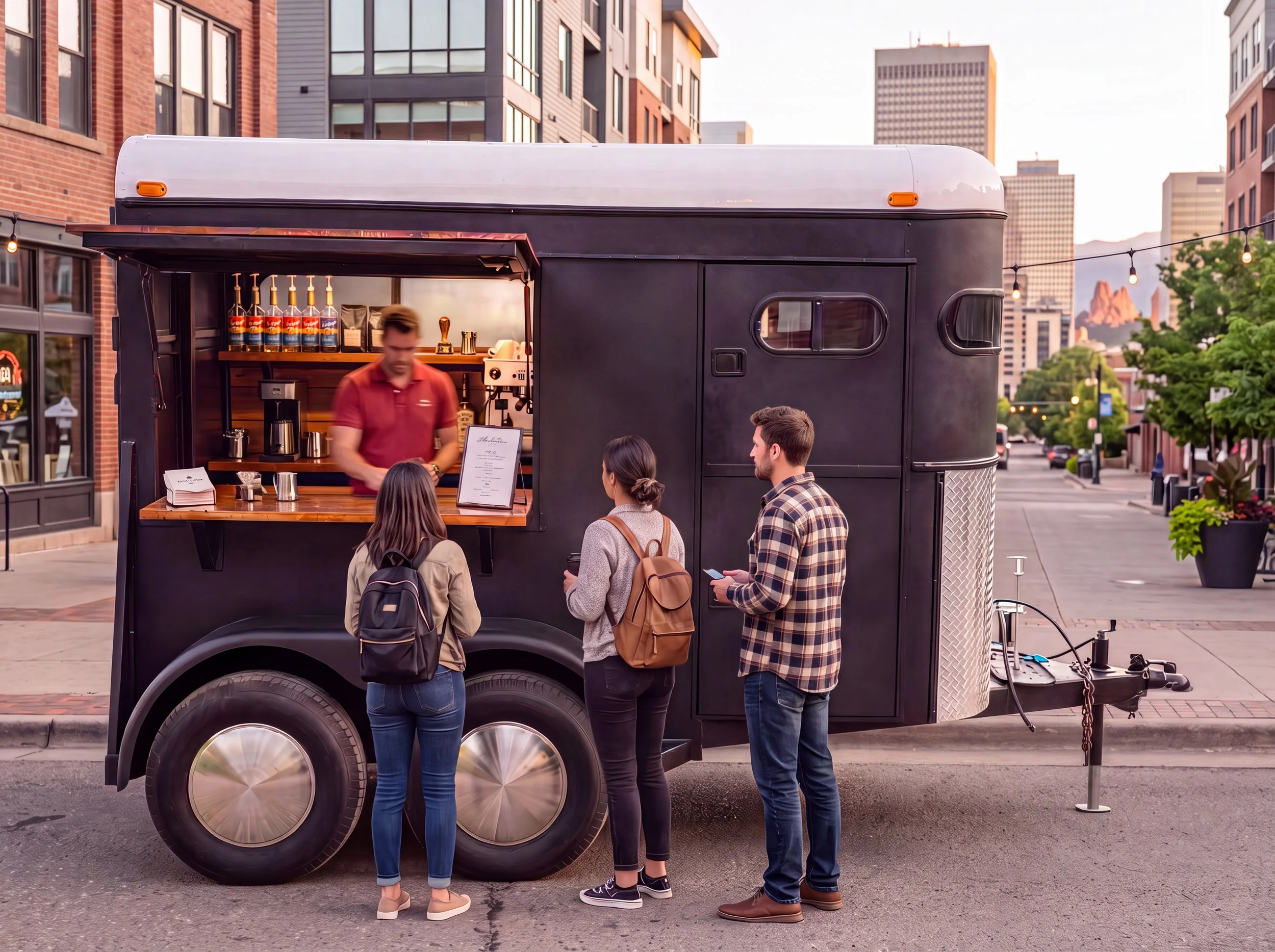 A black food truck serving coffee on a city street has a group of four people standing in front, engaging in conversation. The truck is set against urban buildings with trees and string lights visible in the background.