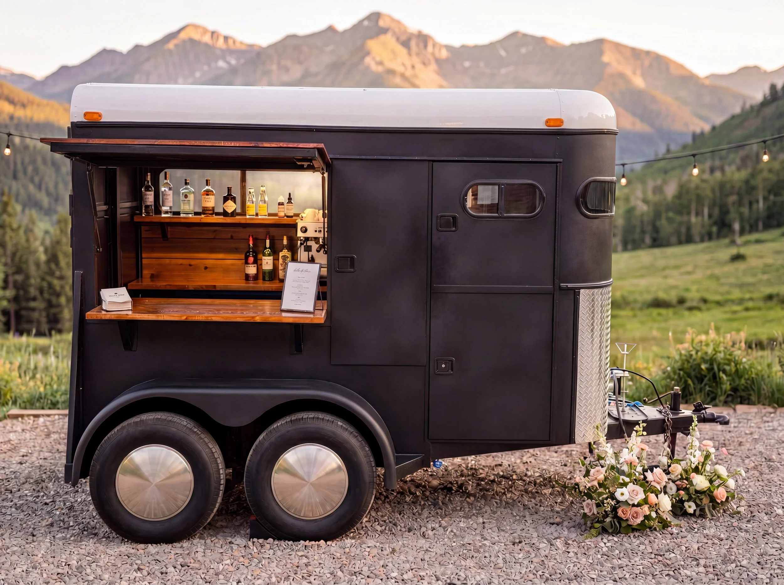 Black food truck with a small stand displaying bottles of alcohol, set against a mountainous landscape with string lights and flowers in the foreground.
