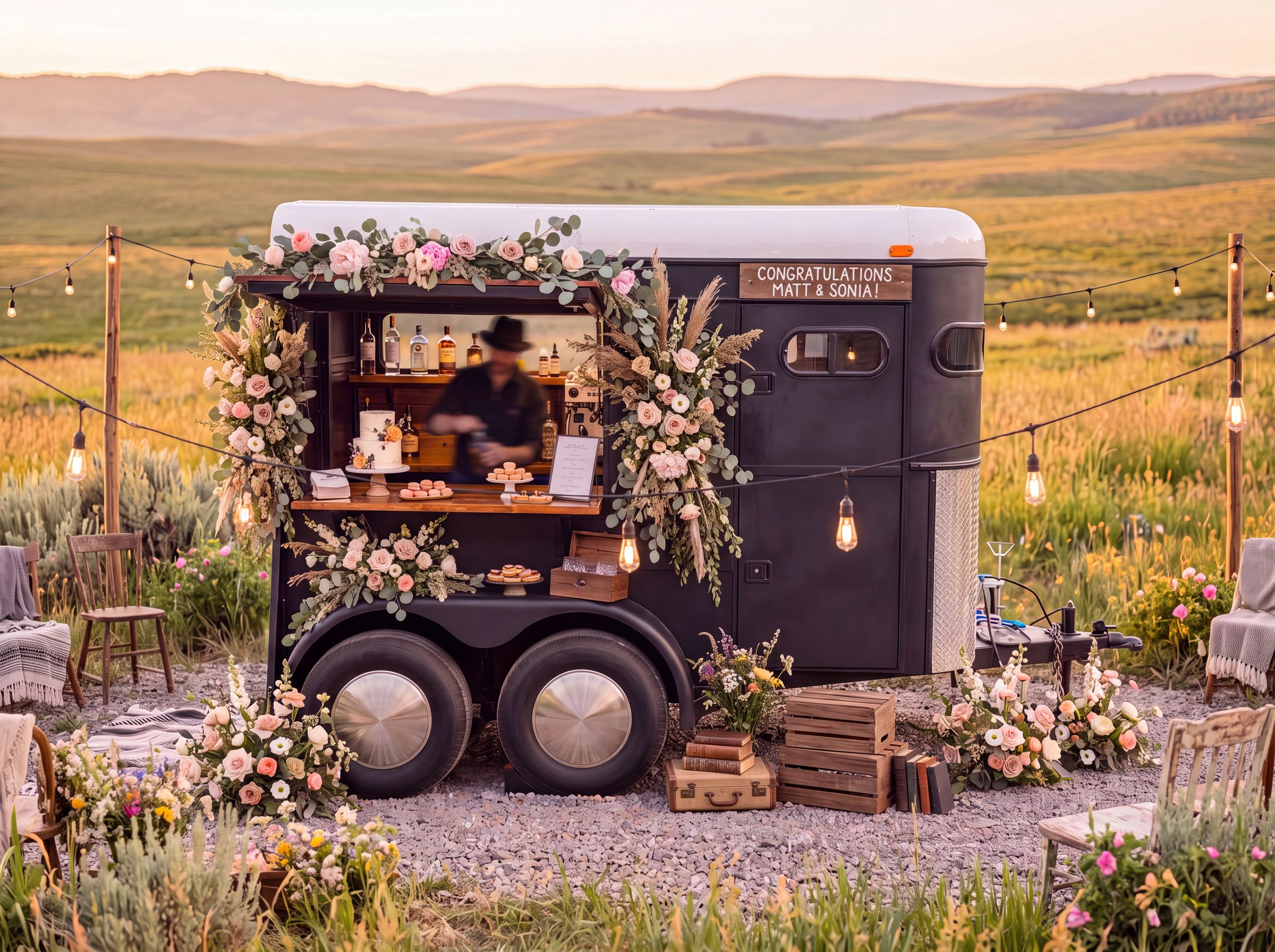A decorated food trailer with a sign that reads 'Congratulations Matt & Sonia!' in a field with mountains in the background. The trailer is adorned with pink and white flowers and green foliage, surrounded by string lights and chairs.