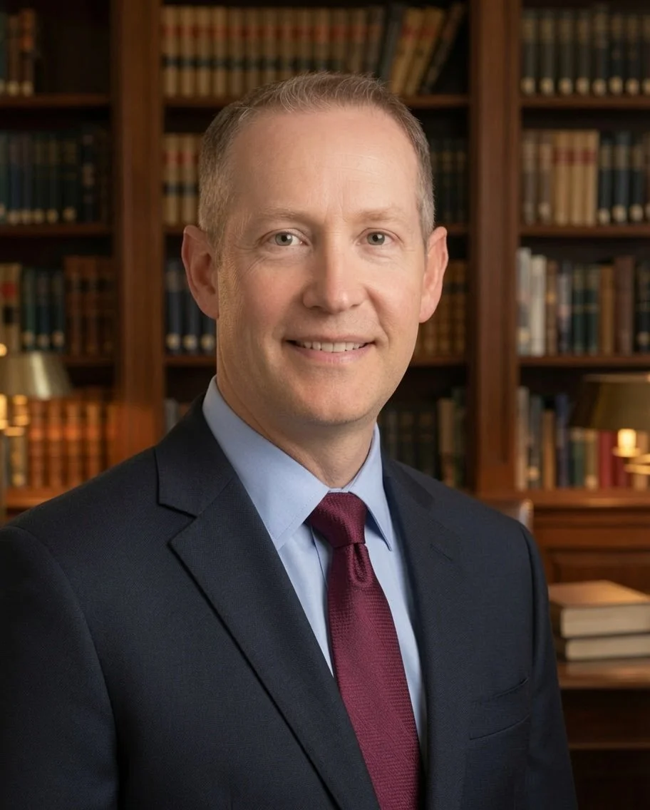 Dr. Dave Schramm in a suit and tie standing in a low lit library