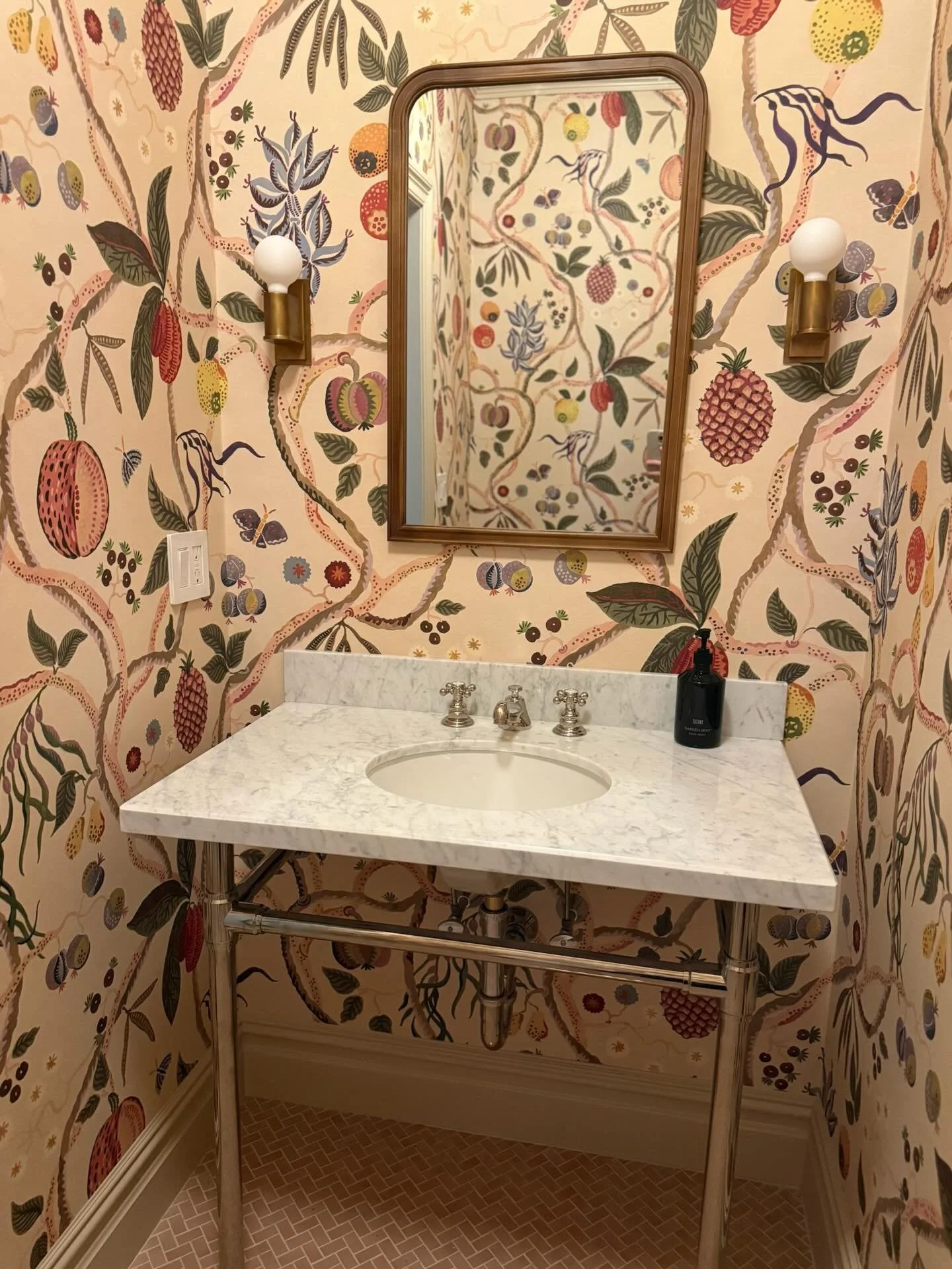 We never met a bold powder room we didn&rsquo;t love. Sneak peek at the colorful and fruit-forward powder room at our #Scarsdale project.