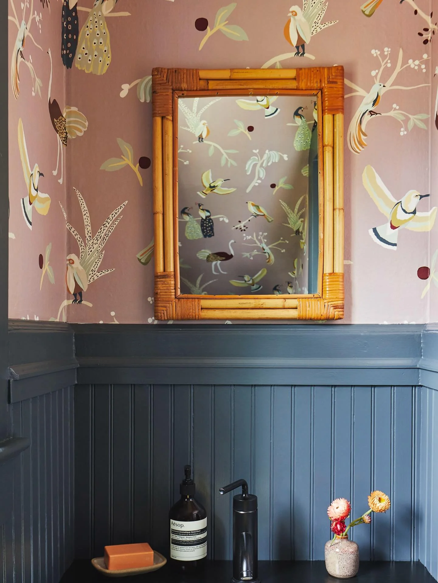 A statement powder room at our #Greenport project. Wallpaper can make or break the feeling of a space and add levity and playfulness. @benjaminmoore&rsquo;s &lsquo;Flint&rsquo; is a go-to for us and acts as a grounding counterpart. Photo: @katesjorda