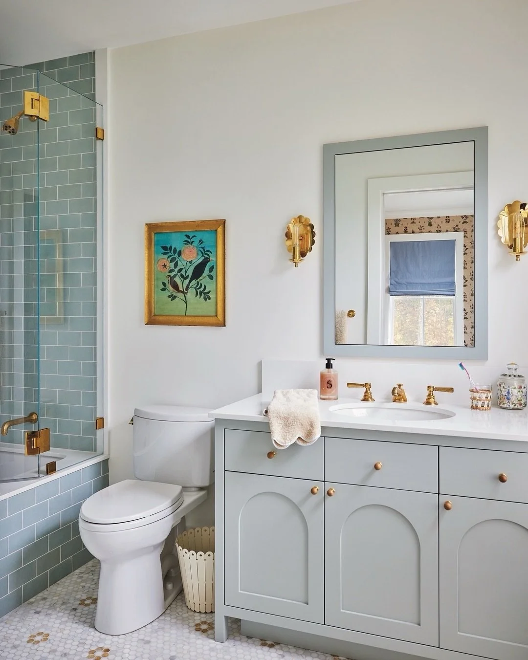 The daughter&rsquo;s bath at our #LakeWaramaug project. We specified a custom vanity and purchased two different marble hex tiles to create a custom pattern that injected the space with warm tones.
⠀⠀⠀⠀⠀⠀⠀⠀⠀
As featured in @houseandgardenuk. Photo: @