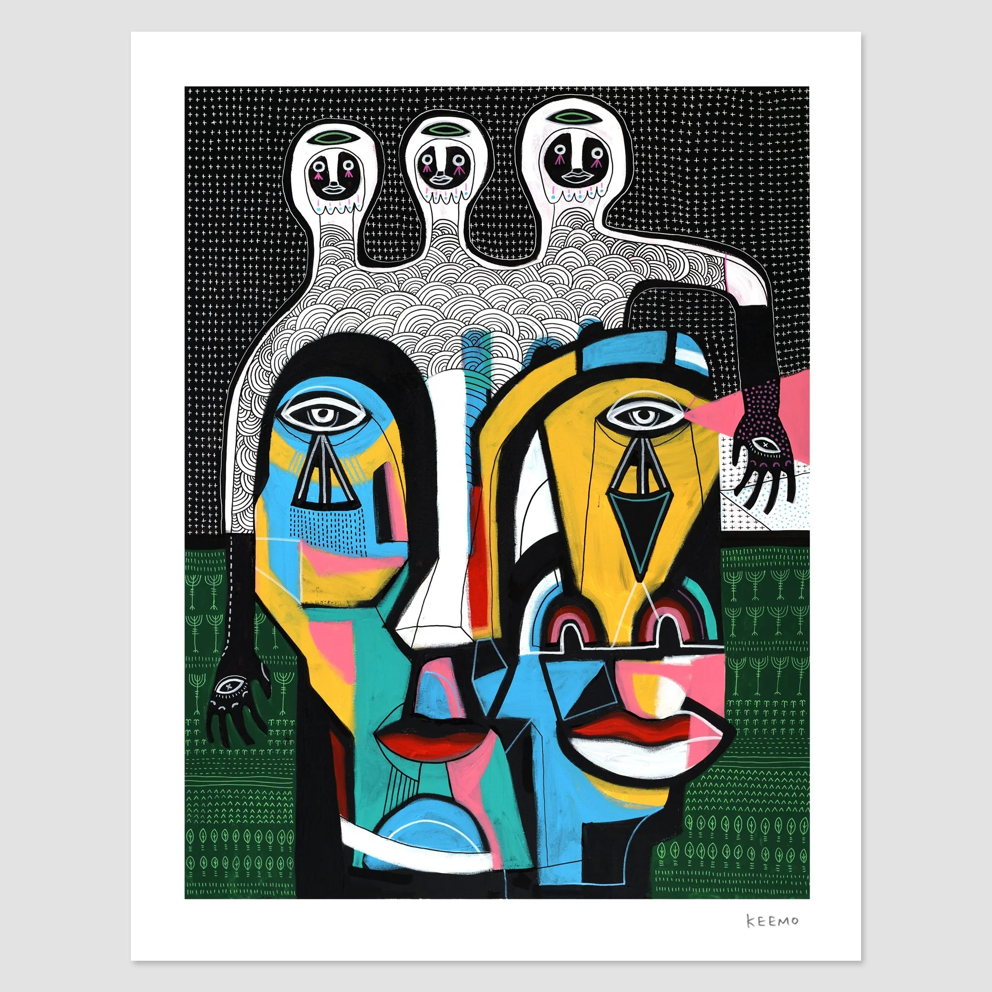 Abstract art featuring colorful, geometric faces overlaid with monochrome, patterned humanoid figures.