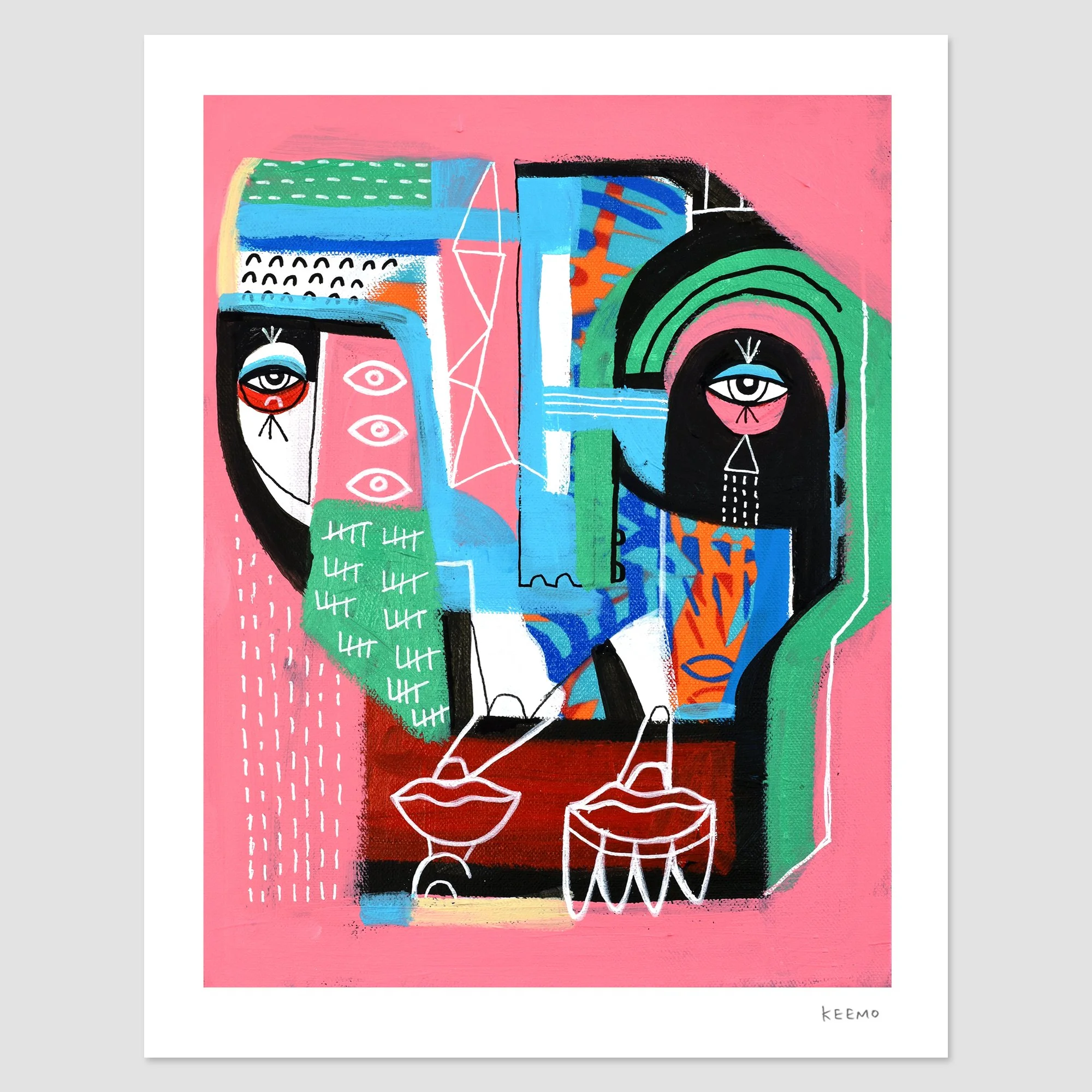 Abstract painting with colorful geometric shapes, two stylized faces, and eyes on a pink background.