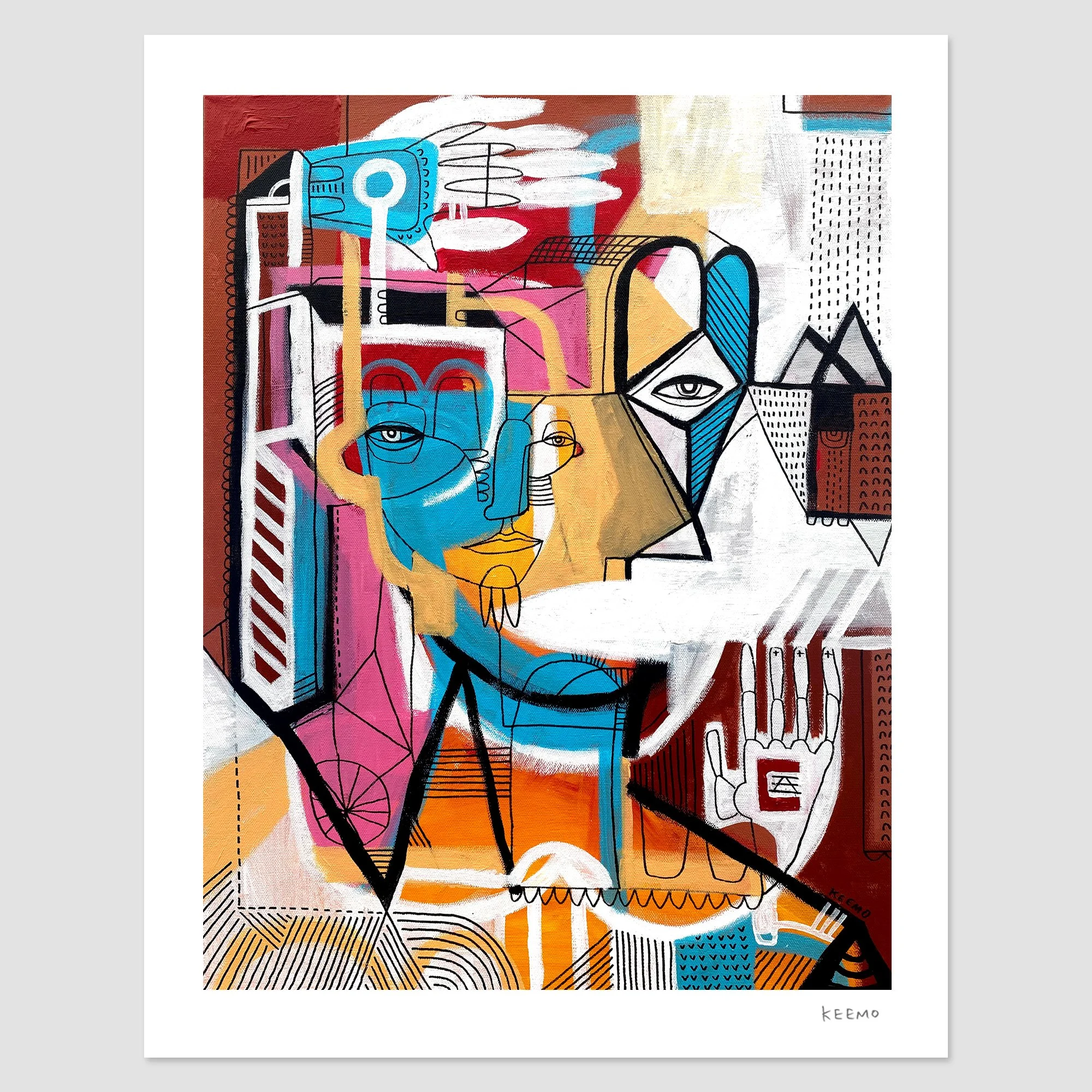 Colorful abstract portrait painting with geometric shapes and lines, featuring a face with overlapping elements and vibrant hues in blue, pink, orange, and brown.