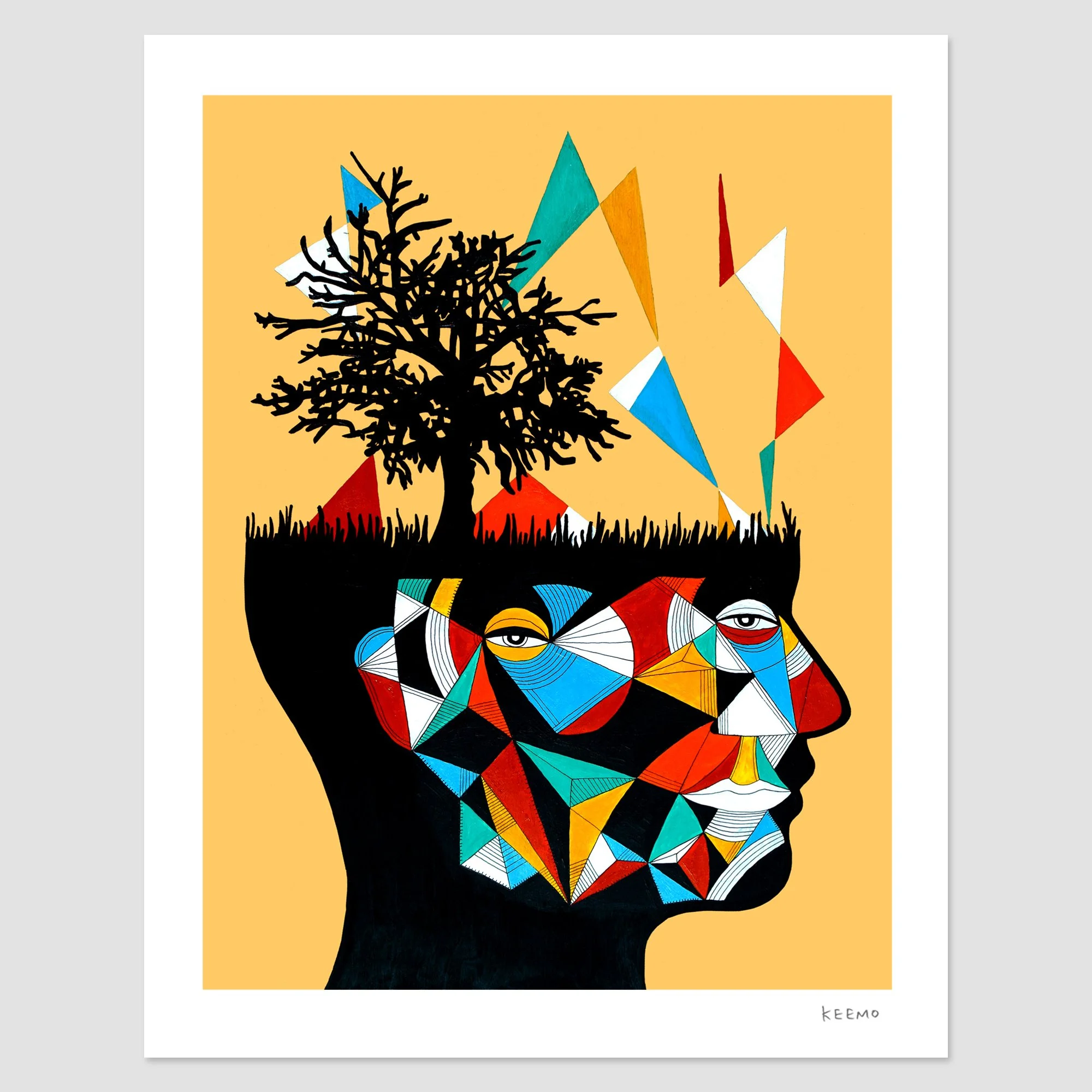 Abstract artwork depicting a human head silhouette filled with colorful geometric patterns, a tree growing from the top, and triangular shapes in the background.