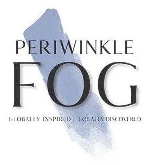 Text "Periwinkle Fog" with a periwinkle brush stroke in the background; tagline "Globally Inspired | Locally Discovered."