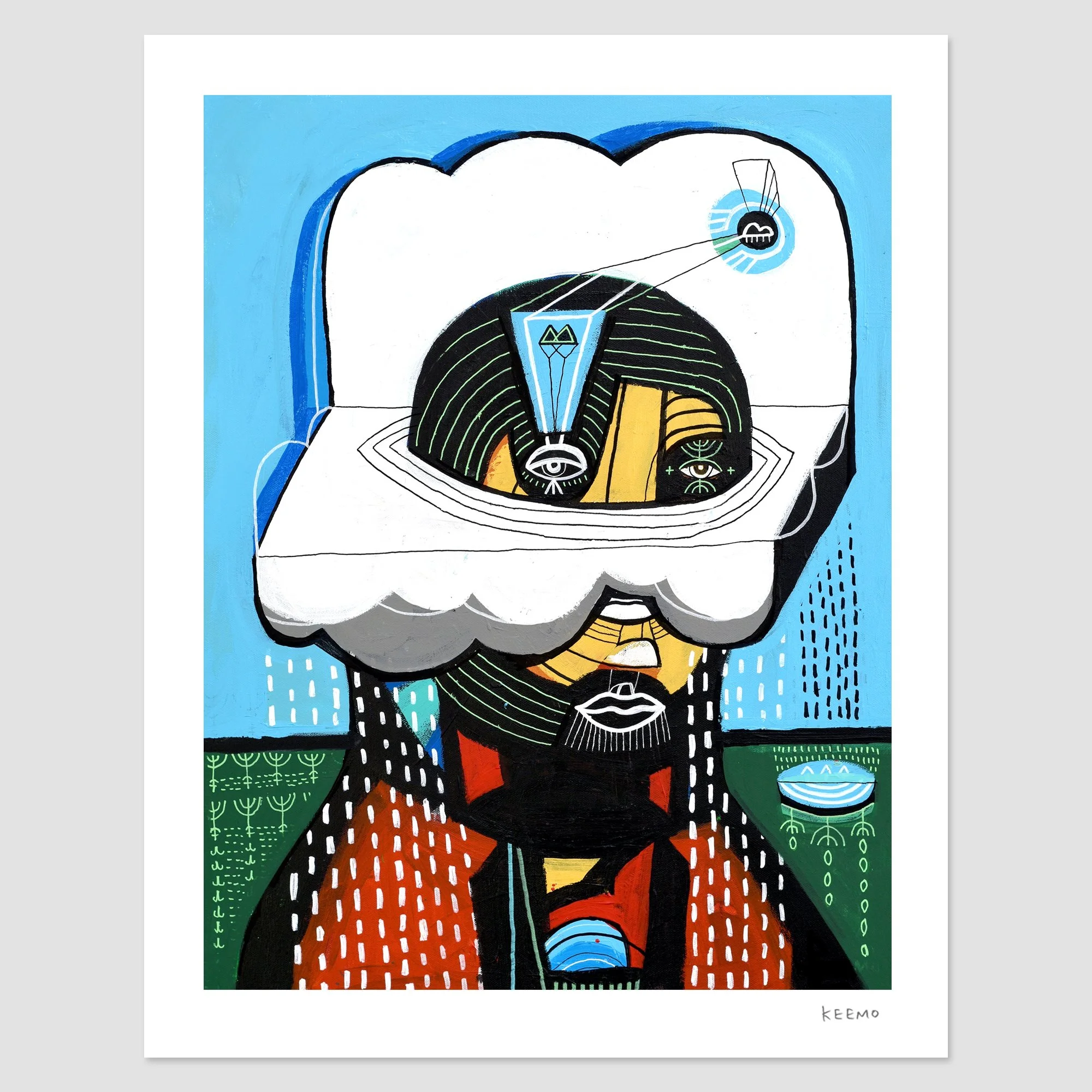 Abstract artwork featuring a stylized human face with exaggerated features, a cloud floating above the head, and geometric patterns. The background is blue with green elements and vertical lines resembling rain. The design includes prominent eyes and triangular shapes.